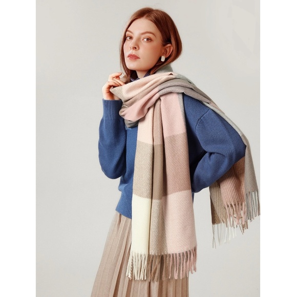 Colorblock Plaid Pastel Colors Wide Scarf Shawl Pink Beige Tan Cream Fringe - Picture 6 of 6